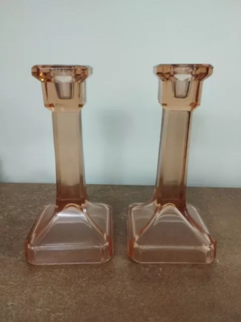 Pair of Vintage 1930s, Art Deco, Pink Or Peach Glass Candlesticks, 19cm Tall