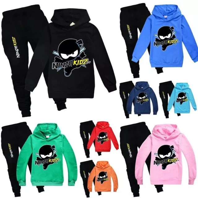 Kids NINJA KIDZ Hoodie Tracksuit Set Boys Girls Hooded Jumper Top+Pants Suits UK