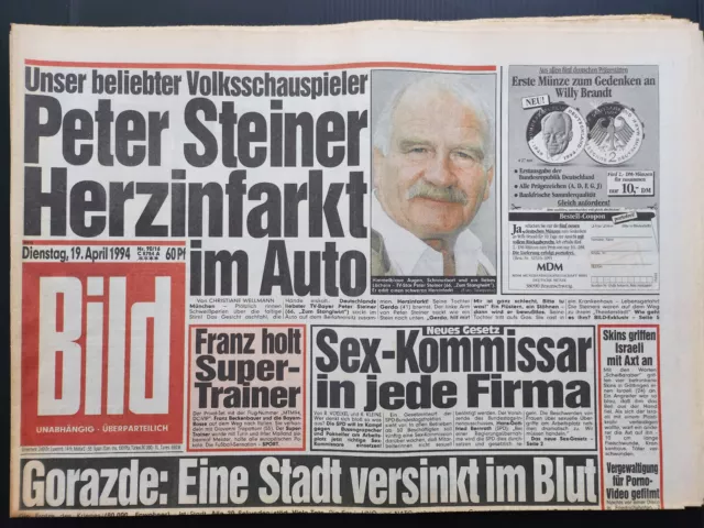 BILD ZEITUNG vom 19.4.1994 - 19. April 1994 zum 30. Geburtstag mit PETER STEINER