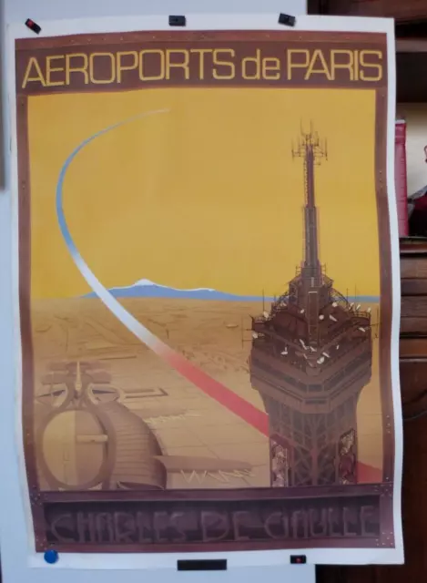 1990 Affiche Aeroports De Paris Charles De Gaulle Tour Eiffel Mont Blanc Roussel