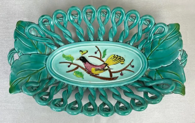 Ancien vintage joli plat ajouré tressé décor floral et oiseau