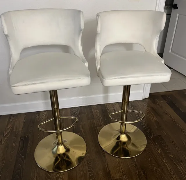 Set of 2 Adjustable Modern Swivel Bar Stools Dining Velvet Chairs Height White