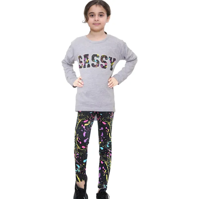 Girls Top Kids Long Sleeves Grey Sassy Print Splash T Shirt Legging Outfit Set