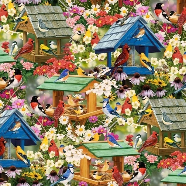 1 yard precut 100% cotton fabric by David Textiles/Spring Again/Birdhouse/Birds