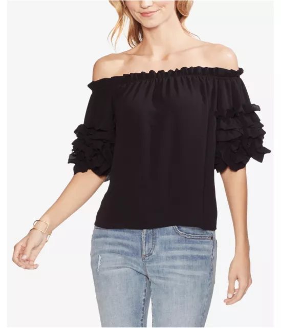 Vince Camuto Womens Tiered Ruffle Sleeve Off the Shoulder Blouse, Black, Small