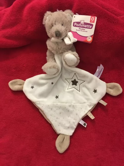 🇫🇷 Doudou POMMETTE Ours Beige Echarpe Pois Mouchoir Blanc Etoile 100% NEUF