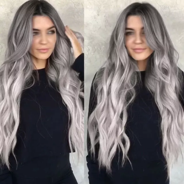 Damen Schwarz Grau Ombre Perücke Lang Gelockt Cosplay Party Perücken Wig + Netz