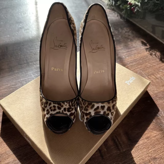 Christian Louboutin Very Prive Leopard Print pony hair Peep Toe Pumps Size 38 2