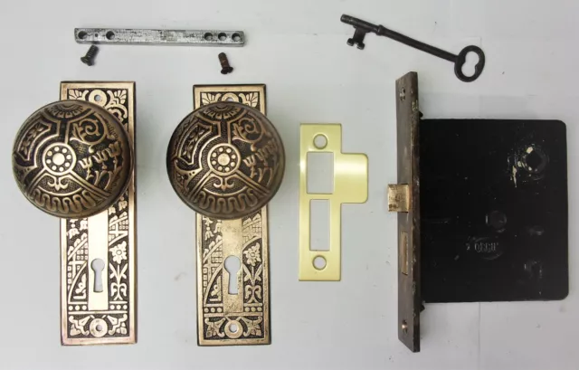 Antique Set EASTLAKE VICTORIAN AESTHETIC Backplates Door Knob Mortise Lock w Key