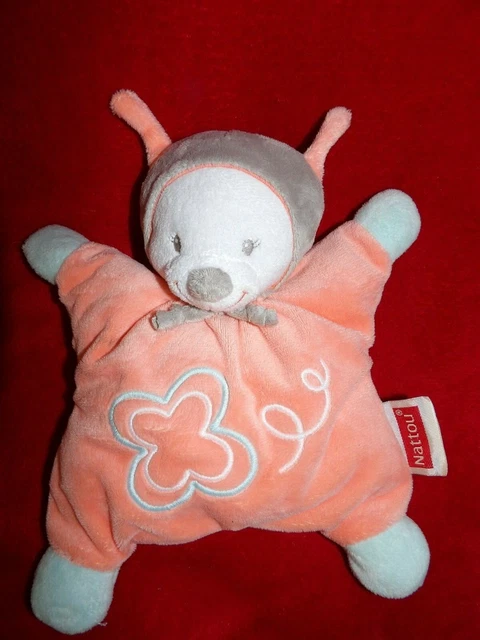Doudou Grelot Semi Plat NATTOU Ours Blanc Rose Saumon Vert D'eau