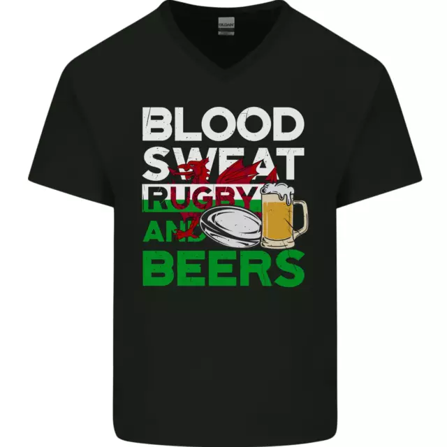 Maglietta Blood Sweat Rugby and Beers Wales Divertente Da Uomo Collo a V Cotone