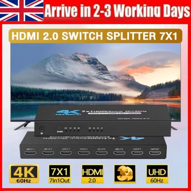 7 Port HDMI2.0 Switcher with IR Remote 4K@60Hz HDMI 2.0 7x1 7 in 1 out Switch