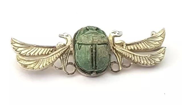 1920s-30s Egyptianesque Art Deco Sterling Silver Brooch w Scarab & Sacred Birds