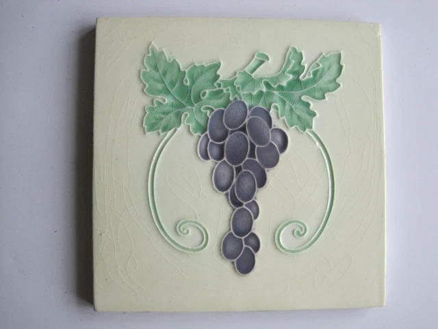 Antique Art Nouveau 6" Moulded Majolica Bunch Of Grapes Tile