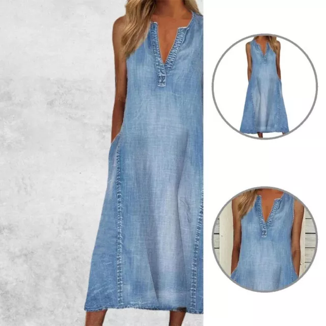 Lady Jean Dress Solid Color V Neck Sleeveless Blue Denim Summer Casual Loose New 3