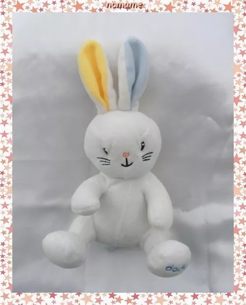 Doudou Peluche Lapin Blanc Jaune Bleu Assis Dodie