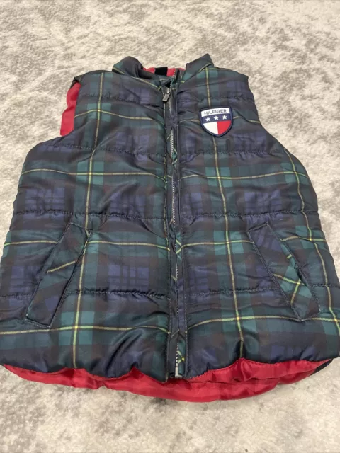 EUC Tommy Hilfiger Puffer Vest Jacket Boy Size 2T Navy Blue Red Tartan Plaid Zip