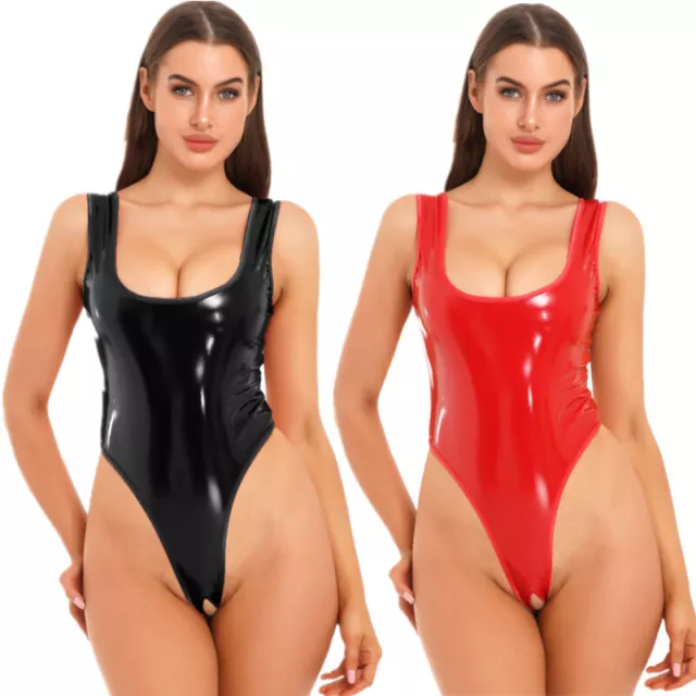 Women Sexy Lingerie Latex Faux Leather Catsuit Crotchless Bodysuit Sexy Clubwear