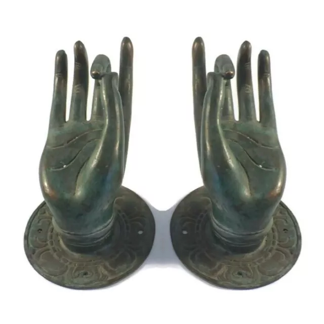 2 Pull handle hand buddha brass door aged green patina old style knob hook 7cm B