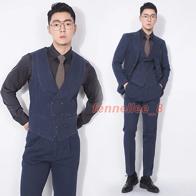 3PCS Mens Denim Blazer Coat Jeans Two Buttons Suit Jacket Shawl Lapel Vest Pants