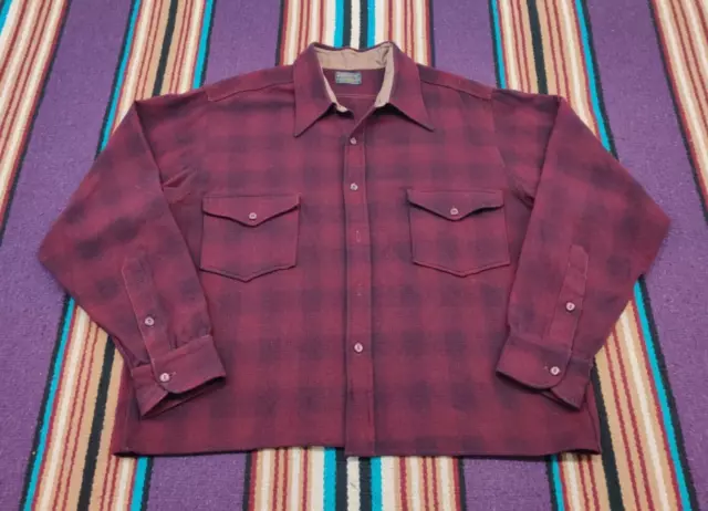 Vtg 70's Pendleton Plaid Flannel Heavy Wool Button Down Shirt Jacket Size L USA