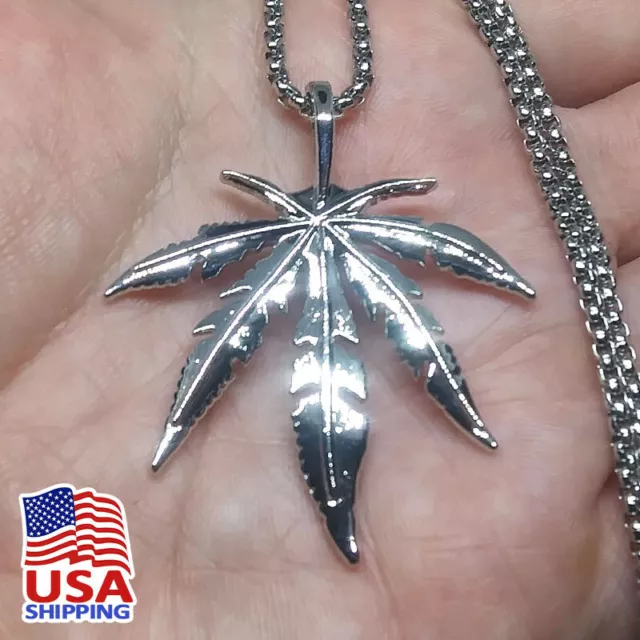 Weed Leaf Pendant & Steel Chain - Marijuana Pot Necklace