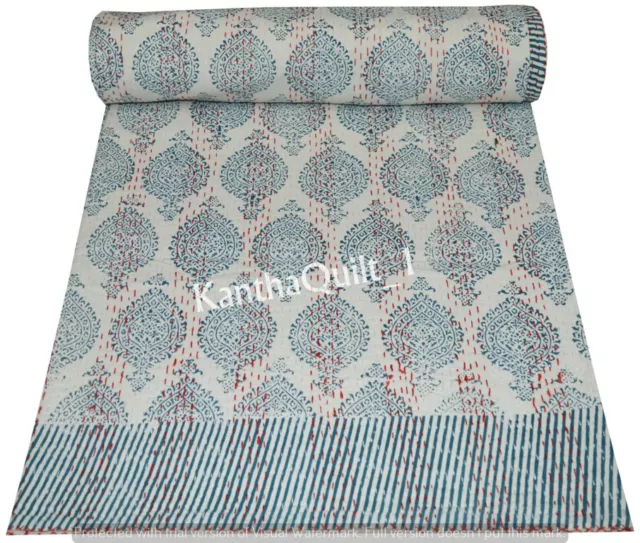 Indian Kantha Quilt Bedspread Bedding Throw Cotton Blanket Hand Block Print Art