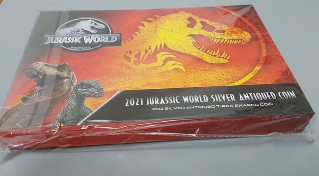 2021 JURASSIC WORLD 2oz $5 T.Rex Shaped Silver Antiqued Coin
