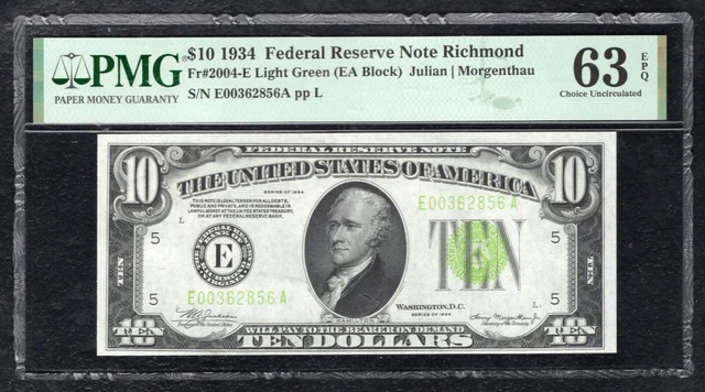 Fr. 2004-E 1934 $10 Lgs Light Green Seal Frn Richmond, Va Pmg Unc-63Epq (F)