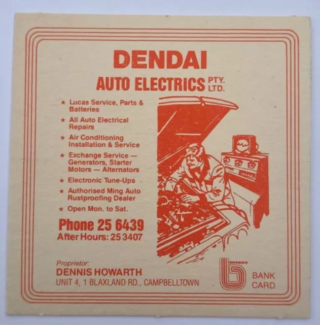 Bar/Beer/Drink Coaster - Dendai Auto Electrics - Campbelltown, NSW - 1970/80s