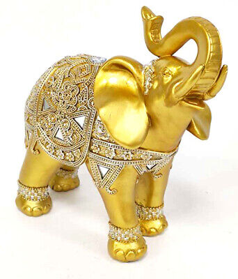 Feng Shui 8” (H) Brass Color Elegant Elephant Statue with Trunk Facing Upwards