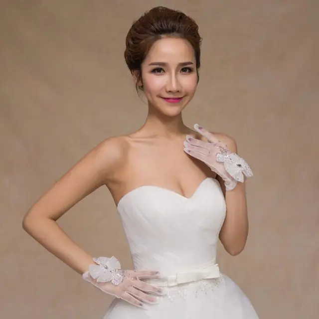 White Girls Tulle Wrist-Length Floral Gloves Wedding Party