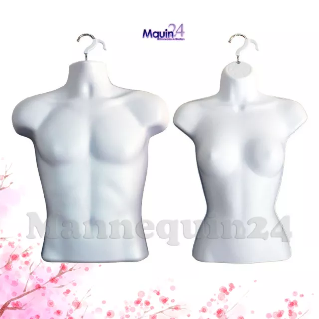 Male & Female Hanging Torso Dress Form Set - White Hard Plastic Mannequins