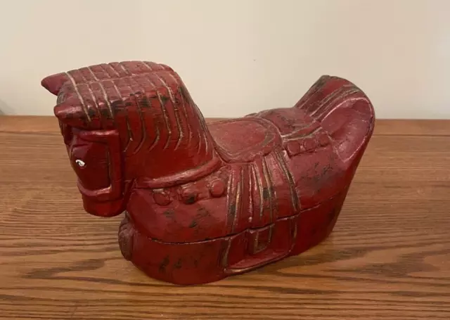 Antique Chinese Red Cinnabar Lacquered Wood Horse Box