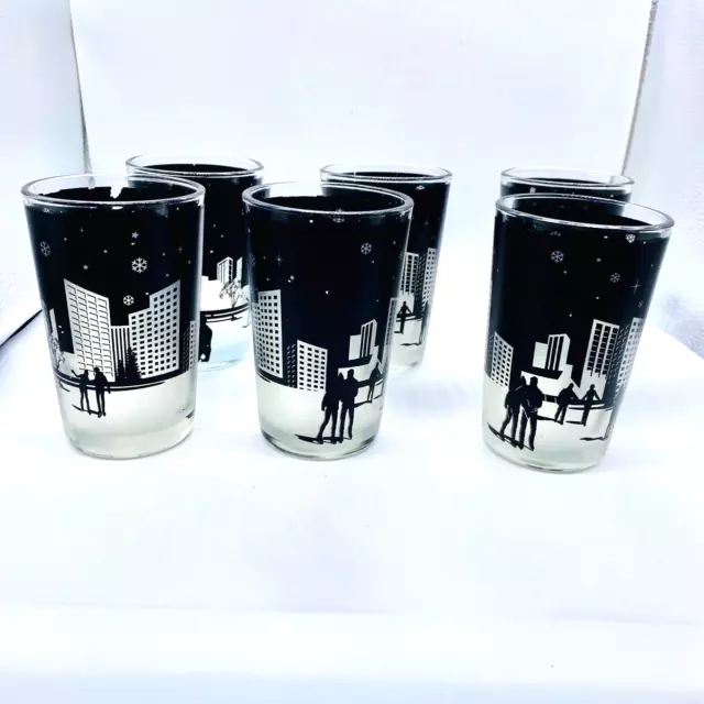 SET of 6 MCM DRINKING GLASSES-Frosted White & Black Skating in City w/ Snow