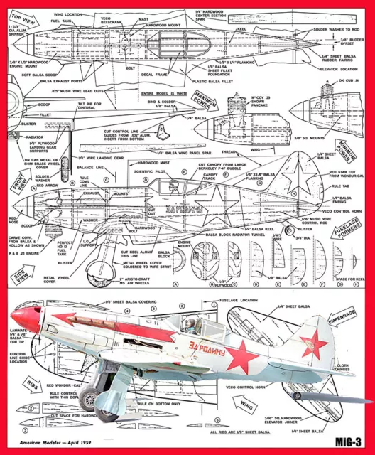 Model Airplane Plans (UC): MiG-3 1/16 Scale 28" for .14-.29 Engine (Musciano)