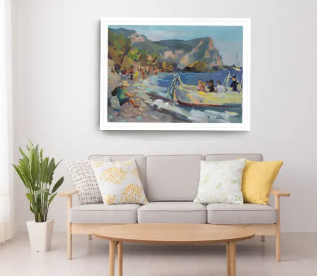 Beach Print, Boat On Sea Wall Art, Sky Framed Oil Painting Wall Art, Watercolor