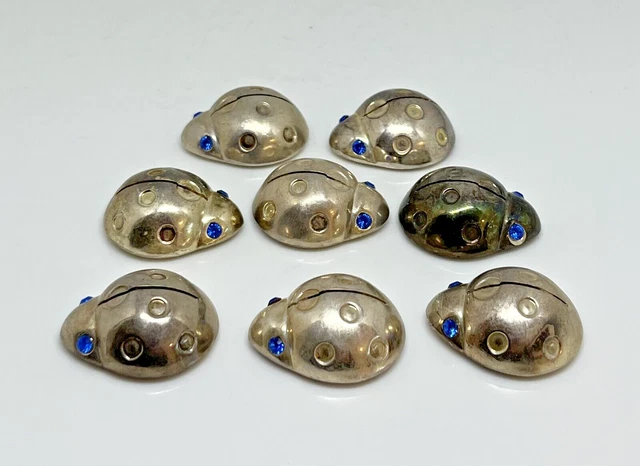 Silver Plated Ladybugs w/Blue Rhinestone Eyes Name Place Card Holders Set of 8