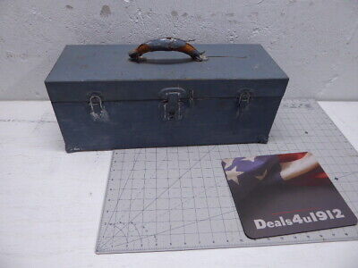 Vintage Metal Tool Box Tote Caddy Carpentry 19" x 8" x 7" Patina Blue Gray GOOD