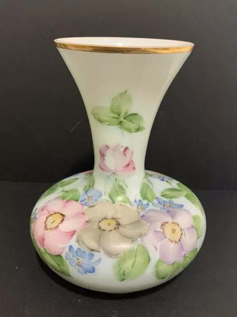Consolidated Charleton Gold Rim Floral Hand Painted Milk Glass Vase 9 1/2”