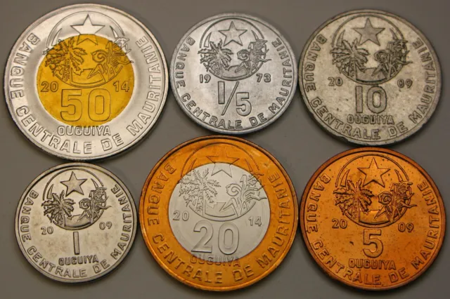 MAURITANIA 1/5 Ouguiya 1973 / 20 Ouguiya 2014 - Lot of 6 Coins *