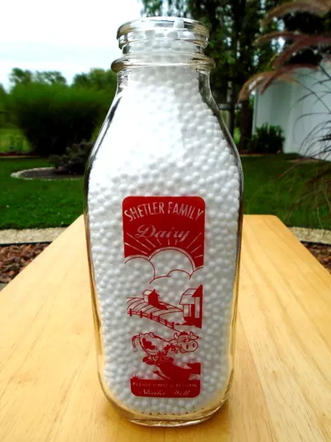 Shetler Family Dairy (1) Quart Glass Milk Bottle!  Nice Graphic's! Very Clean!