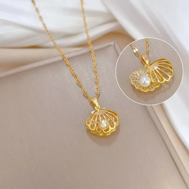 Fashion Gold Plated Shell Pearl Pendant Necklace Stainless Steel Women's Jewelry 3