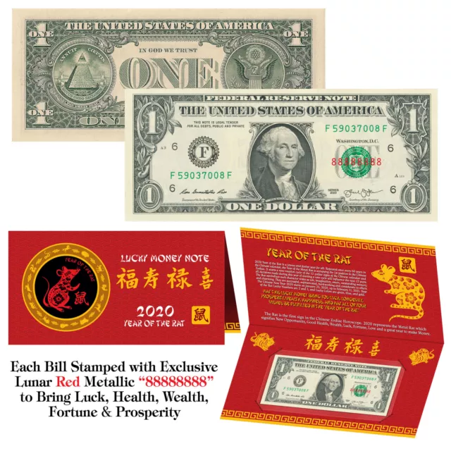 2020 Chinese New YEAR of the RAT Lunar Red Lucky Eight 8's $1 US Bill w/Foldover