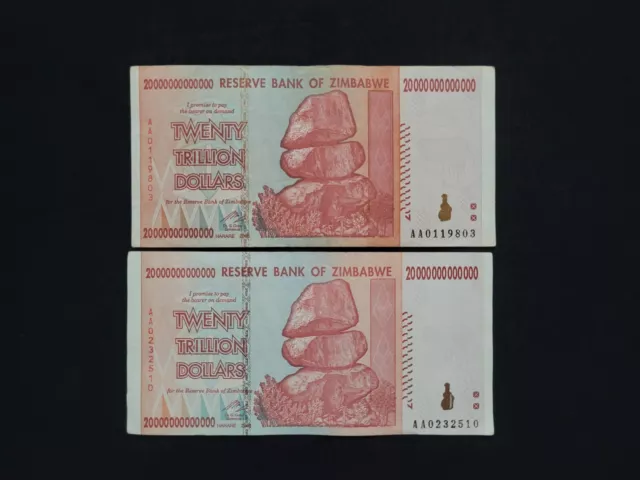 Zimbabwe 2 x  20 Trillion Dollars 2008 - Pick 89  Lot 2 Pcs