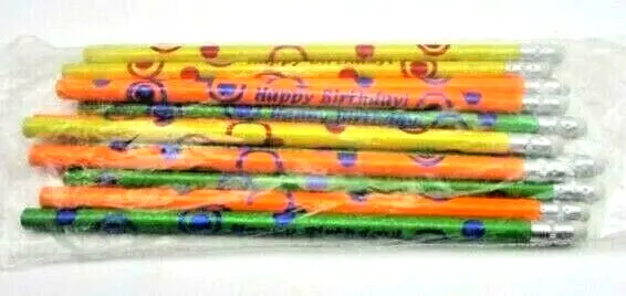 12 Piece Happy Birthday #2 Wooden Pencils - Party Favor NEON Colors