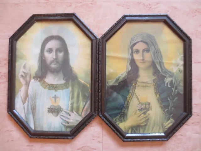 +++2 alte Heiligenbilder Maria & Josef+++8 eckiger Metallrahmen hinter Glas