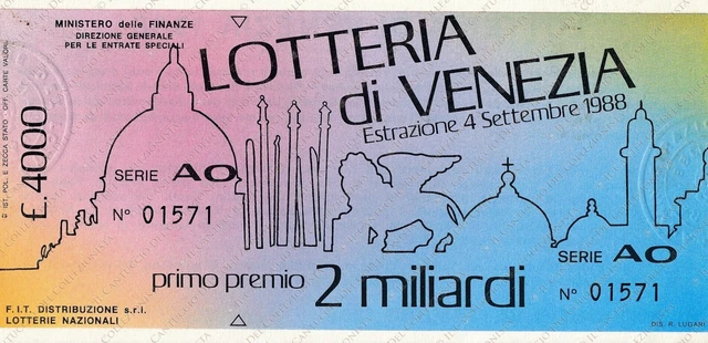 1988 LOTTERIA Primo Premio 2 Miliardi Venezia biglietto