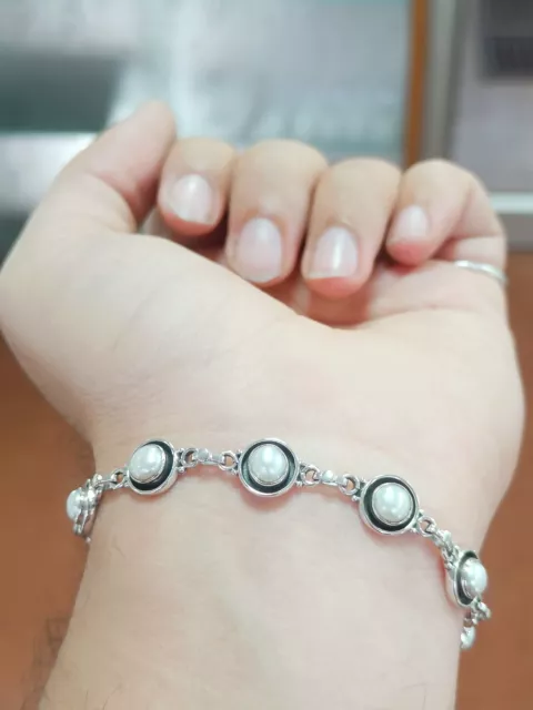 Pearl Bracelet in 925 Sterling Silver Round Shape Handmade Adjustable Gift 3