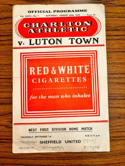 Charlton Athletic vs Luton Town Matchday Programme, 20/8/1955